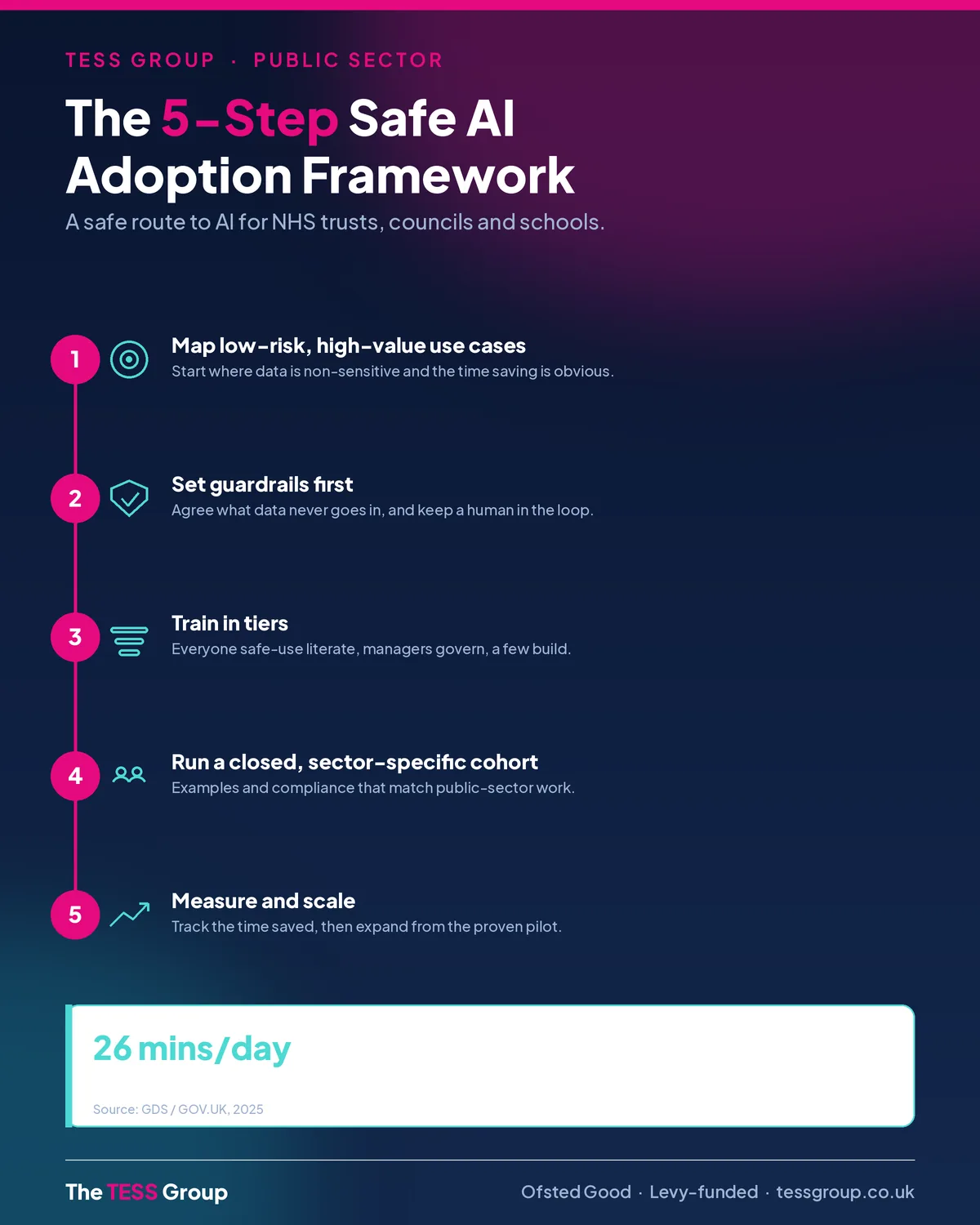 The TESS Group 5-step safe AI adoption framework for the public sector: map low-risk use cases, set guardrails, train in tiers, run a closed sector-specific cohort, then measure and scale.